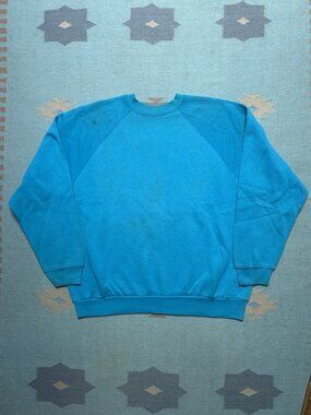 Vintage 80s crewneck sweatshirt blank teal turquoise blue stained pullover XL